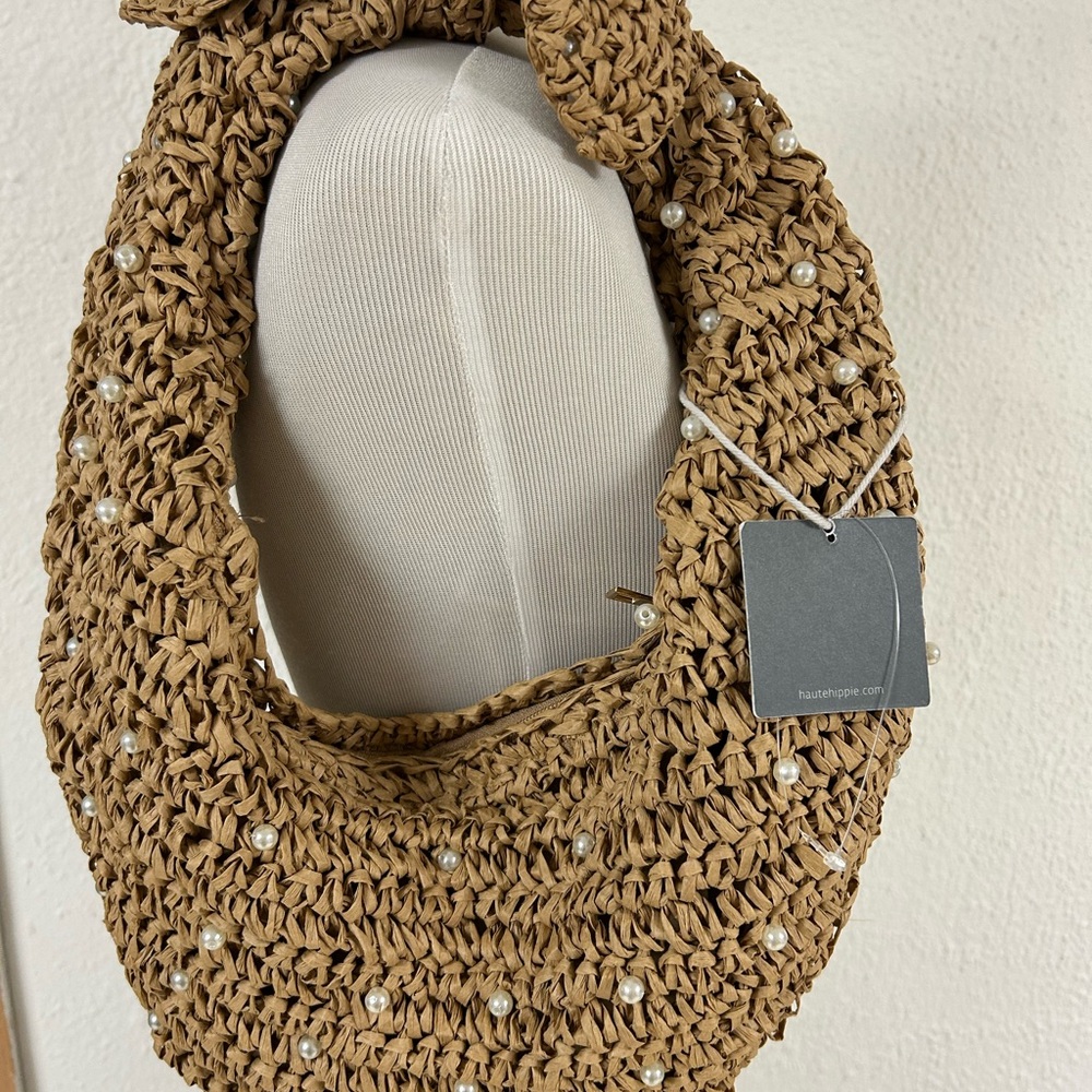 NWT Haute Hippie Straw Pearl-Embellished Woven Shoulder Hobo Bag in Natural Tan - Picture 8 of 12